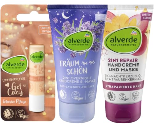 Alverde NATURKOSMETIK 3er-Set Hautpflege: Lippenpflege GET COZY (4,8 g) + Handcreme & -maske TRÄUM SCHÖN 2in1 mit Lavendel (75 ml) + Handcreme 2in1 REPAIR bei sehr trockenen Händen (75 ml), 150 ml von Alverde