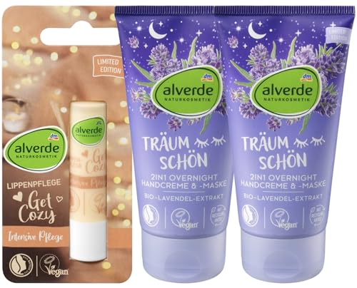 Alverde NATURKOSMETIK 3er-Set Hautpflege: Lippenpflege GET COZY (4,8 g) + Handcreme & -maske TRÄUM SCHÖN 2in1 Handpflege für trockene Hände mit Lavendel (2 x 75 ml), 150 ml von Alverde