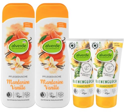 alverde NATURKOSMETIK 4er-Set Hauptpflege: Duschgel MANDARINE VANILLE belebende pH-neutrale Pflegedusche (2 x 250 ml) + Handcreme BIENENGLÜCK für trockene strapazierte Hände (2 x 75 ml), 650 ml von Alverde