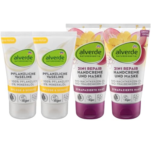 Alverde NATURKOSMETIK 4er-Set Hautpflege: 2 x PFLANZLICHE VASELINE Pflege & Schutz ohne Mineralöl & Parfum (2 x 50 ml) + 2 x REPAIR 2in1 HANDCREME & Handmaske für strapazierte Haut (2 x 75 ml), 250 ml von Alverde