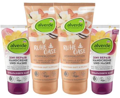 Alverde NATURKOSMETIK 4er-Set Hautpflege: Bodylotion RUHEOASE Körperlotion mit Mandel-Öl & Vanille-Extrakt (2 x 200 ml) + 2in1 REPAIR Handcreme & Handmaske für strapazierte Hände (2 x 75 ml), 550 ml von Alverde