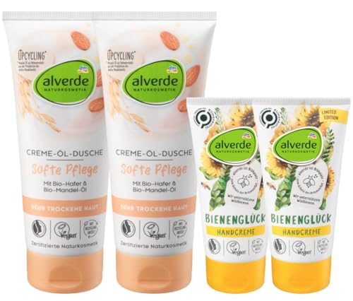 Alverde NATURKOSMETIK 4er-Set Hautpflege: Creme-Öl Duschgel SOFTE PFLEGE mit Mandelöl, reinigt sanft ohne auszutrocknen, pH-hautneutral (2 x 200 ml) + Handcreme BIENENGLÜCK (2 x 75 ml) 550 ml von Alverde