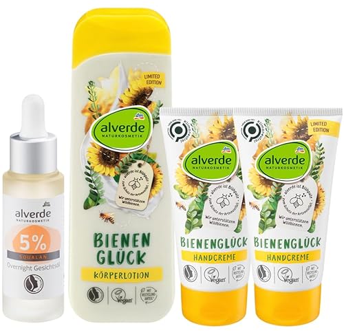 Alverde NATURKOSMETIK 4er-Set Hautpflege: Gesichtsöl OVERNIGHT mit 5% Squalan für ein weiches Hautgefühl (25 ml) + Bodylotion BIENENGLÜCK (250 ml) + 2 x Handcreme SANDDORN VANILLE (75 ml), 425 ml von Alverde