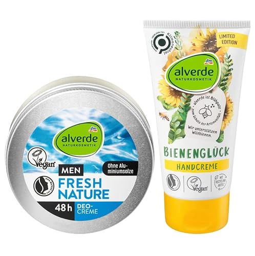 Alverde Naturkosmetik 2er-Set Körperpflege: Deo Creme FRESH NATURE MEN mit Sheabutter, ohne Aluminiumsalze & Alkohol (50 ml) + Handcreme BIENENGLÜCK Feuchtigskeitspflege mit Olivenöl (75 ml), 125 ml von Alverde