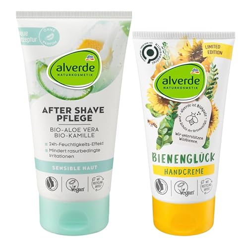 alverde NATURKOSMETIK 2er-Set Hautpflege: After Shave LOTION ALOE VERA & KAMILLE natürliche Feuchtigkeit ohne Parfüm (150 ml) + Handcreme BIENENGLÜCK Feuchtigkeitspflege Olivenöl (75 ml), 225 ml von Alverde