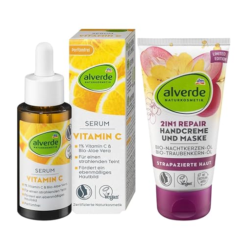 alverde NATURKOSMETIK 2er-Set Hautpflege: SERUM Vitamin C für ebenmäßiges geglättetes Hautgefühl (30 ml) + 2in1 REPAIR Handcreme & Handmaske für strapazierte Haut mit Nachtkerzenöl (75 ml), 105 ml von Alverde