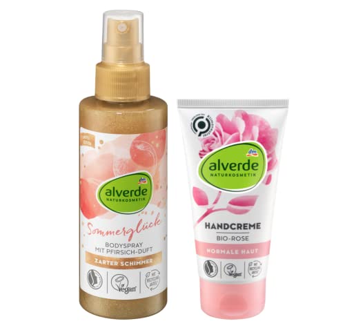 alverde NATURKOSMETIK 2er-Set Hautpflege: Bodyspray SOMMERGLÜCK SCHIMMERSPRAY goldener Schimmer mit Pfirsich-Duft (150 ml) + Handcreme ROSE mit Rosenblüten-Extrakt für gepflegte Hände (75 ml), 225 ml von Alverde