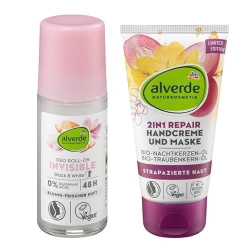 alverde NATURKOSMETIK 2er-Set Körperpflege: Deo Roll-On INVISIBLE bis zu 48h blumig-frischer Duft ohne Aluminiumsalze (50 ml) + 2in1 Handcreme &-maske REPAIR für trockene Hände (75 ml), 125 ml von Alverde