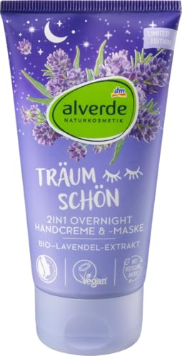 alverde NATURKOSMETIK TRÄUM SCHÖN 2in1 OVERNIGHT HANDCREME & Handmaske Lavendel Nachtcreme für trockene Hände, 75 ml (Limited Edition) von Alverde