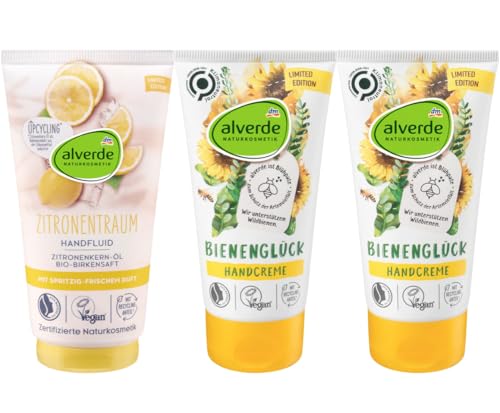 alverde NATURKOSMETIK 3er-Set Handpflege: Handfluid ZITRONENTRAUM mit Zitronenkern-Öl & Birkensaft, 75 ml + Handcreme BIENENGLÜCK Schutz & Feuchtigkeit mit Olivenöl & Sonnenblumenöl, 2 x 75 ml, 225 ml von Alverde