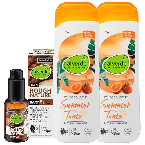 alverde NATURKOSMETIK 3er-Set Hautpflege: MEN Bartöl ROUGH NATURE kräftigt & pflegt Barthaar ohne zu fetten, beugt Spannungsgefühlen vor, 30 ml + Duschgel SUMMER TIME mit Orange, 2 x 250 ml (530 ml) von Alverde