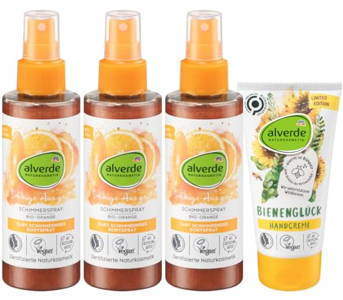 alverde NATURKOSMETIK 4er-Set Hautpflege: Schimmerspray SONNIGE AUSZEIT sanft zur Haut, mit frischem Duft, Orangen-Extrakt & zartem Schimmer (3 x 150 ml) + Handcreme SANDDORN VANILLE (75 ml), 525 ml von Alverde