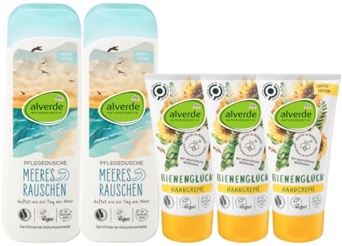alverde NATURKOSMETIK 5er-Set Hautpflege: Duschgel MEERESRAUSCHEN reinigt mit Meeresmineralien aus Algen, Meersalz & pflanzlichem Glycerin (2 x 250 ml) + Handcreme BIENENGLÜCK (3 x 75 ml), 725 ml von Alverde