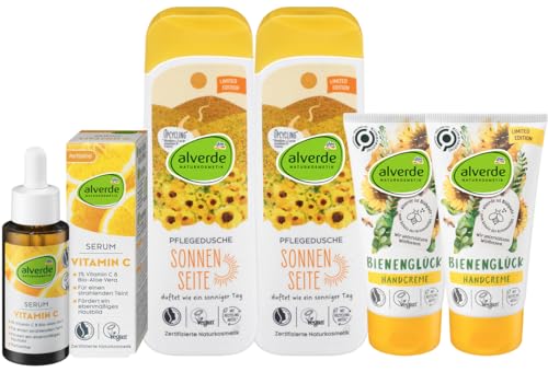 alverde NATURKOSMETIK 5er-Set Hautpflege: Serum VITAMIN C (30 ml) + Duschgel SONNENSEITE Pflegedusche duftet wie ein sonniger Tag (2 x 250 ml) + Handcreme Bio-Sanddorn Bio-Vanille (2 x 75 ml), 680 ml von Alverde