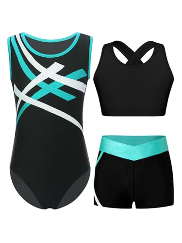 Alvivi 3 Stück Mädchen Turnanzug Ärmellos Gymnastikanzug Streifen Turnbody + Sport BH Tops + Shorts Gymnastik Leotard Turntrikot Tanzanzug Blau Grün 158-164 von Alvivi