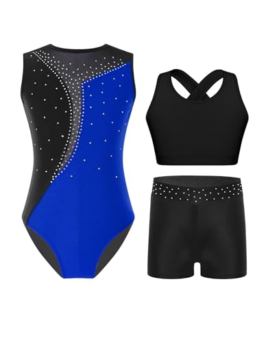 Alvivi 3 Stück Mädchen Turnanzug Ärmellos Gymnastikanzug Streifen Turnbody + Sport BH Tops + Shorts Turntrikot Gymnastik Leotard Tanzanzug C Royal Blau 146-152 von Alvivi