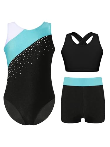 Alvivi 3 Stück Mädchen Turnanzug Ärmellos Gymnastikanzug Streifen Turnbody + Sport BH Tops + Shorts Gymnastik Leotard Turntrikot Tanzanzug E Blau Grün 170-176 von Alvivi