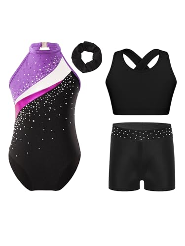 Alvivi 3 Stück Mädchen Turnanzug Ärmellos Gymnastikanzug Streifen Turnbody + Sport BH Tops + Shorts Gymnastik Leotard Turntrikot Tanzanzug F Schwarz Lila 134-140 von Alvivi