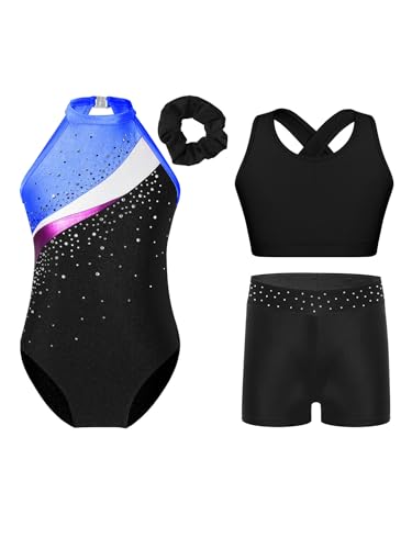 Alvivi 3 Stück Mädchen Turnanzug Ärmellos Gymnastikanzug Streifen Turnbody + Sport BH Tops + Shorts Turntrikot Gymnastik Leotard Tanzanzug F Schwarz Royal Blau 146-152 von Alvivi