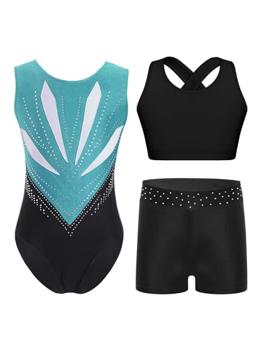 Alvivi 3 Stück Mädchen Turnanzug Ärmellos Gymnastikanzug Streifen Turnbody + Sport BH Tops + Shorts Turntrikot Gymnastik Leotard Tanzanzug H Blau Grün 134-140 von Alvivi