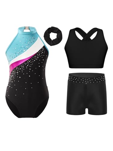 Alvivi 3 Stück Mädchen Turnanzug Ärmellos Gymnastikanzug Streifen Turnbody + Sport BH Tops + Shorts Turntrikot Gymnastik Leotard Tanzanzug F Schwarz Blauer See 134-140 von Alvivi