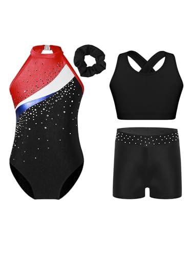 Alvivi 3 Stück Mädchen Turnanzug Ärmellos Gymnastikanzug Streifen Turnbody + Sport BH Tops + Shorts Turntrikot Gymnastik Leotard Tanzanzug F Schwarz Rot 134-140 von Alvivi