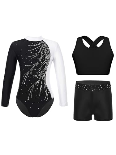 Alvivi 3 Stück Mädchen Turnanzug Glitzer Gymnastikanzug Langarm Gymnastikbody + Sport BH Tops + Shorts Gymnastik Leotard Turntrikot Tanzkostüm A Weiß 134-140 von Alvivi