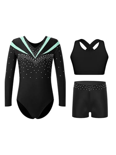 Alvivi 3 Stück Mädchen Turnanzug Glitzer Gymnastikanzug Langarm Gymnastikbody + Sport BH Tops + Shorts Gymnastik Leotard Turntrikot Tanzkostüm B Hellgrün 134-140 von Alvivi