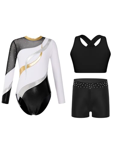 Alvivi 3 Stück Mädchen Turnanzug Glitzer Gymnastikanzug Langarm Turnbody + Sport BH Tops + Shorts Gymnastik Leotard Turntrikot Tanzanzug A Weiß 170-176 von Alvivi