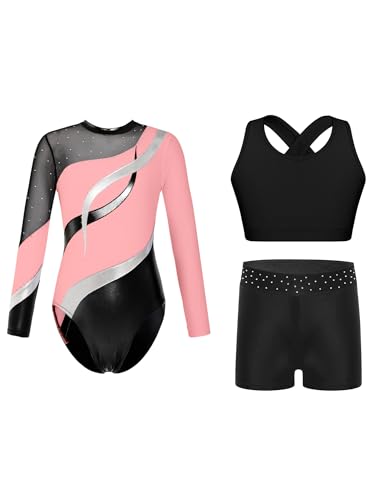 Alvivi 3 Stück Mädchen Turnanzug Glitzer Gymnastikanzug Langarm Turnbody + Sport BH Tops + Shorts Gymnastik Leotard Turntrikot Tanzanzug Rosa 134-140 von Alvivi