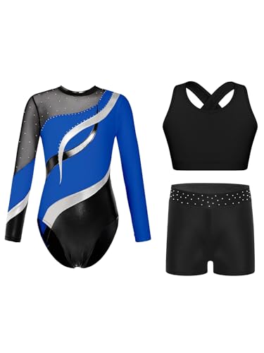Alvivi 3 Stück Mädchen Turnanzug Glitzer Gymnastikanzug Langarm Turnbody + Sport BH Tops + Shorts Gymnastik Leotard Turntrikot Tanzanzug Royal Blau 134-140 von Alvivi