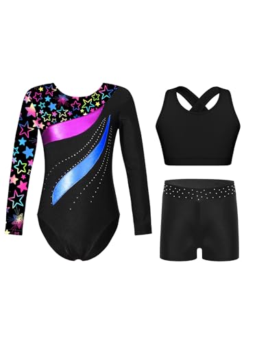 Alvivi 3 Stück Mädchen Turnanzug Glitzer Langarm Gymnastikanzug Einhörner Tanzbody + Sport BH Tops + Shorts Leotard Turntrikot Gymnastik Kleidung Schwarz Sterne 134-140 von Alvivi