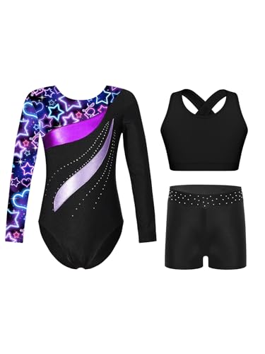 Alvivi 3 Stück Mädchen Turnanzug Glitzer Langarm Gymnastikanzug Einhörner Tanzbody + Sport BH Tops + Shorts Leotard Turntrikot Gymnastik Kleidung Schwarz Sternenhimmel 134-140 von Alvivi