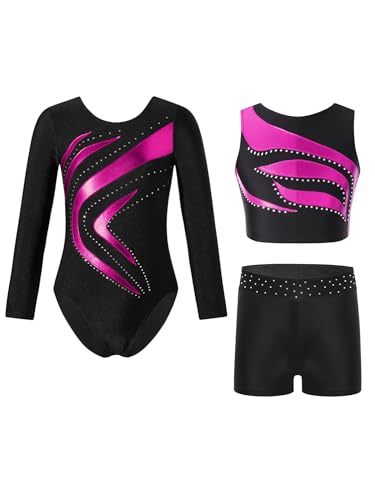 Alvivi 3 Stück Mädchen Turnanzug Langarm Gymnastikanzug Streifen Turnbody + Sport BH Tops + Shorts Gymnastik Leotard Tanzanzug Dunkel Rosa 134-140 von Alvivi
