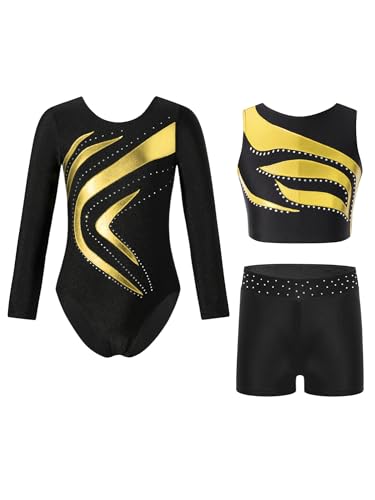 Alvivi 3 Stück Mädchen Turnanzug Langarm Gymnastikanzug Streifen Turnbody + Sport BH Tops + Shorts Gymnastik Leotard Tanzanzug Gold 134-140 von Alvivi