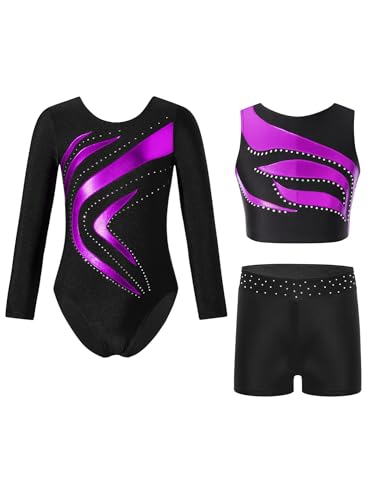 Alvivi 3 Stück Mädchen Turnanzug Langarm Gymnastikanzug Streifen Turnbody + Sport BH Tops + Shorts Gymnastik Leotard Tanzanzug Lila 158-164 von Alvivi