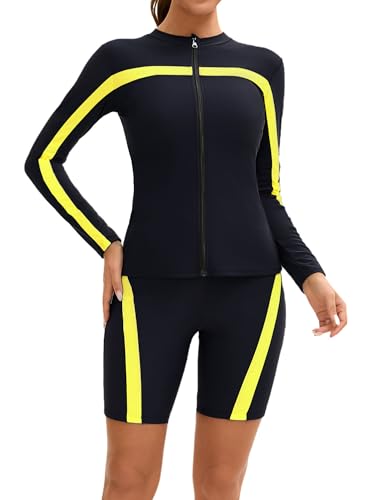 Alvivi 3tlg.Damen Badeanzug Langarm Bademode UV Schutz Rash Guard + Bikini BH Tops Oberteile + Badehose Surfen Tauchen Schwimmanzug Schwarz Gelb L von Alvivi