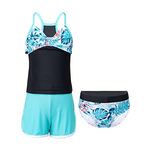 Alvivi 3tlg.Mädchen Bikini Tankini Set Sport Tank Top+Shorts Badehose Blumen Druck Badeanzug Hawaii Bademode Schwimmanzug C Grün Palmblatt 146-152 von Alvivi
