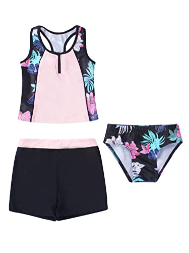 Alvivi 3tlg.Mädchen Bikini Tankini Set Sport Tank Top+Shorts Badehose Blumen Druck Badeanzug Hawaii Bademode Schwimmanzug Ya Rosa Floral 158-164 von Alvivi