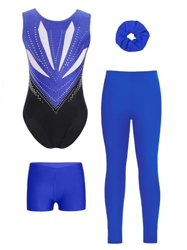 Alvivi 4er Set Mädchen Turnanzug Glitzer Gymnastikanzug mit Hose Shorts Haarband Gymnastikbody Turntrikot Gymnastik Kleidung Tanzkostüm A Blau 146-152 von Alvivi