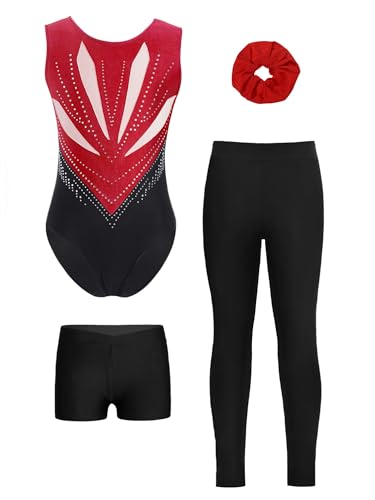 Alvivi 4er Set Mädchen Turnanzug Glitzer Gymnastikanzug mit Hose Shorts Haarband Gymnastikbody Turntrikot Gymnastik Kleidung Tanzkostüm A Weinrot&Schwarz 122-128 von Alvivi