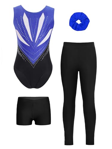 Alvivi 4er Set Mädchen Turnanzug Glitzer Gymnastikanzug mit Hose Shorts Haarband Gymnastikbody Turntrikot Gymnastik Kleidung Tanzkostüm A Blau Schwarz 158-164 von Alvivi