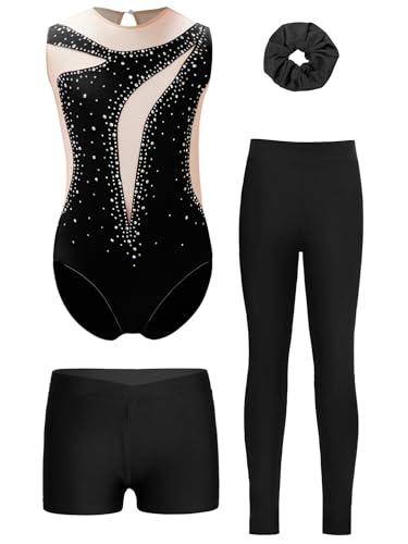 Alvivi 4er Set Mädchen Turnanzug Glitzer Gymnastikanzug mit Hose Shorts Haarband Gymnastikbody Turntrikot Gymnastik Kleidung Tanzkostüm C Schwarz 122-128 von Alvivi