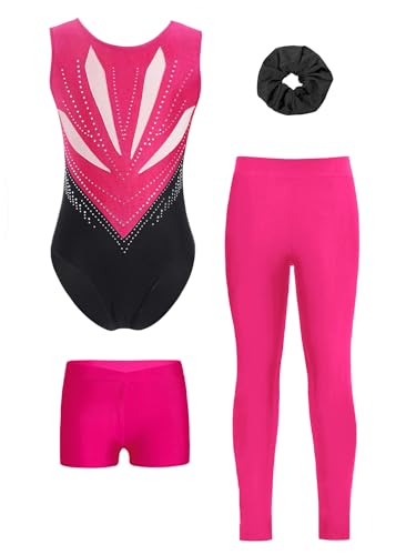 Alvivi 4er Set Mädchen Turnanzug Glitzer Gymnastikanzug mit Hose Shorts Haarband Gymnastikbody Turntrikot Gymnastik Kleidung Tanzkostüm A Dunkel Rosa 122-128 von Alvivi