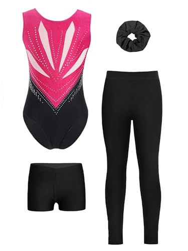 Alvivi 4er Set Mädchen Turnanzug Glitzer Gymnastikanzug mit Hose Shorts Haarband Gymnastikbody Turntrikot Gymnastik Kleidung Tanzkostüm A Dunkel Rosa&Schwarz 134-140 von Alvivi