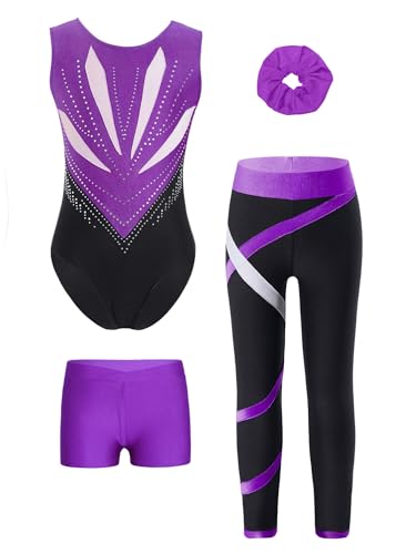 Alvivi 4er Set Mädchen Turnanzug Glitzer Gymnastikanzug mit Hose Shorts Haarband Gymnastikbody Turntrikot Gymnastik Kleidung Tanzkostüm A Lila 146-152 von Alvivi