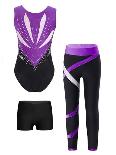 Alvivi 4er Set Mädchen Turnanzug Glitzer Gymnastikanzug mit Hose Shorts Haarband Gymnastikbody Turntrikot Gymnastik Kleidung Tanzkostüm A Lila&Schwarz 158-164 von Alvivi