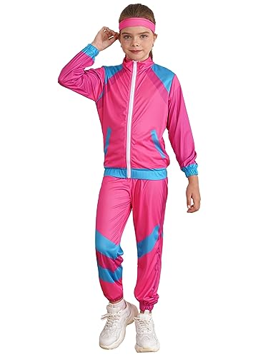 Alvivi 80er 90er Jahre Kostüm Kinder Jungen Mädchen Trainingsanzug Jogginganzug Sport Set für Halloween Fasching Karneval Mottoparty A Rosa 152-164 von Alvivi