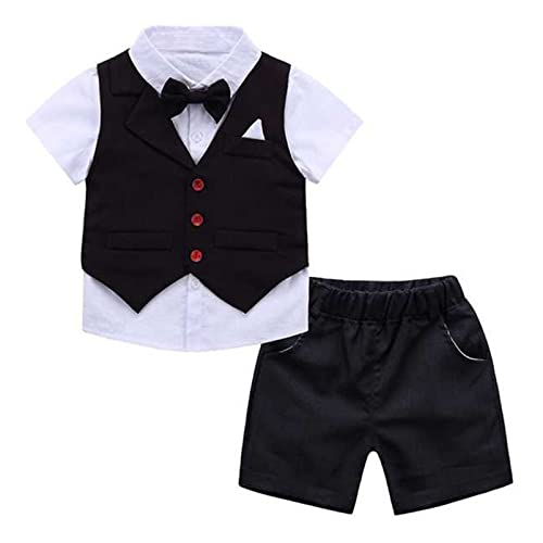 Alvivi Baby Jungen Gentleman Anzug Kurzarm T-Shirt Hemd + Hose/Shorts Smoking Anzug Weste Fliege Taufe Hochzeit Festliche Kleidung Set C Schwarz 92-98 von Alvivi