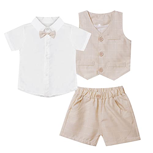 Alvivi Baby Jungen Gentleman Anzug Kurzarm T-Shirt Hemd + Hose/Shorts Smoking Anzug Weste Fliege Taufe Hochzeit Festliche Kleidung Set E Beige 110-116 von Alvivi